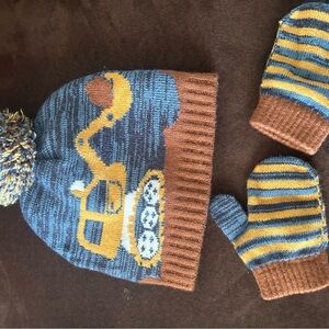 Kids' Blue and Brown Construction Beanie and Mittens Set